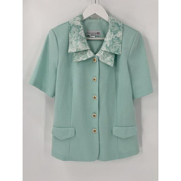 Pablo Collection Vintage Blouse Womens 14 Mint Blue Floral Collar Knit Buttons - Picture 1 of 16